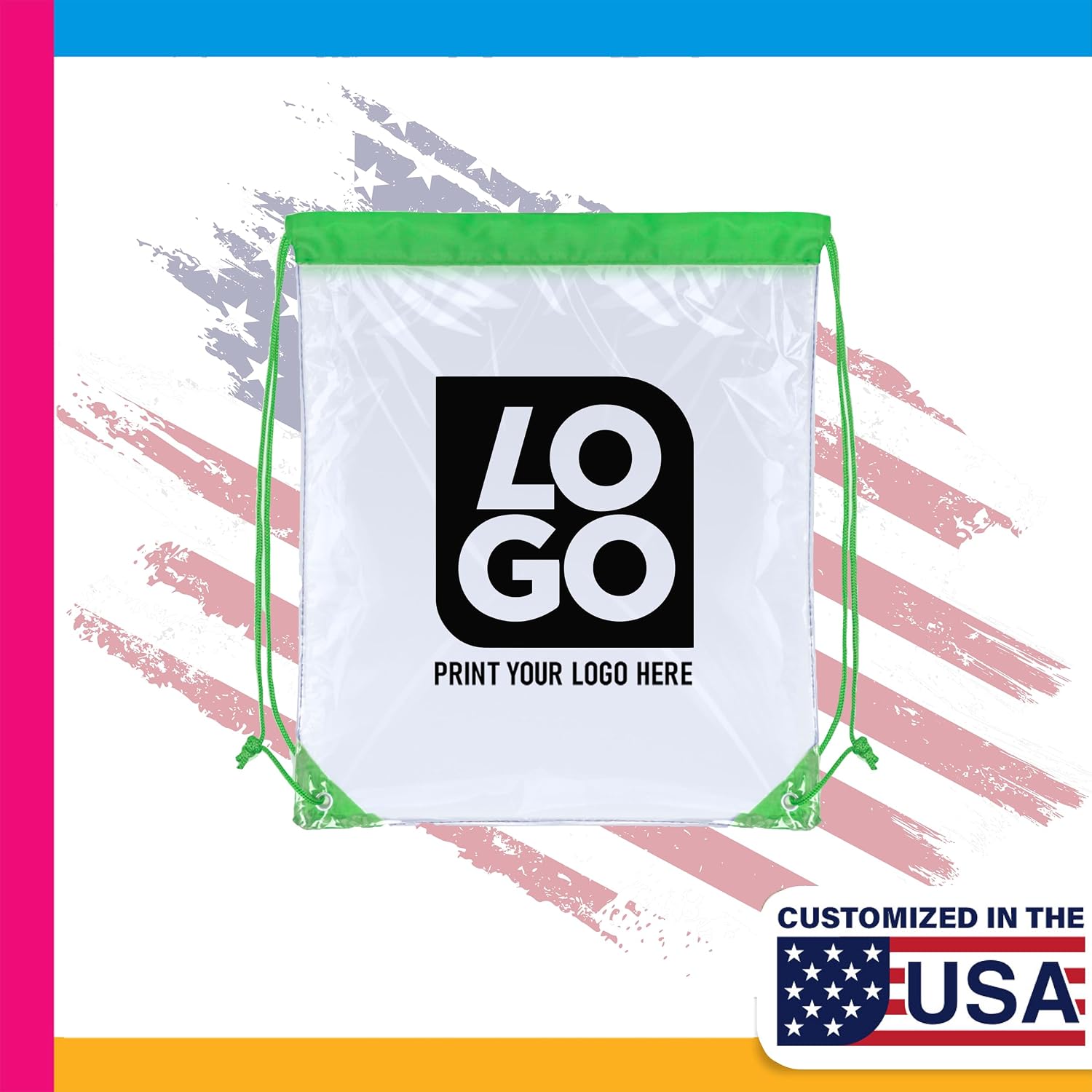 USMG Personalized Clear Drawstring Bags – Custom One Color Imprint for Business & Events (Clear/Black, QTY 50)
