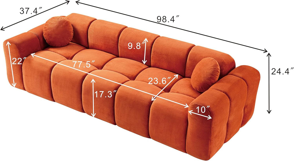 98.4-Inch Oversized Boneless Cloud Couches Deep Seat Foam Sofa Couch with 2 Round Toss Pillows, Luxury Corduroy Upholstered 3 Seat Tufted Loveseat, Cloud Sofa in a Box