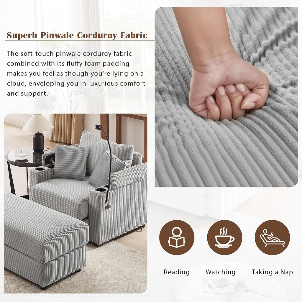 Merax Modern 41.7' Chaise Lounge with Pillows, Charge Station & Cup Holders,Upholstered Sofa Recliner Chair with Ottoman for Living Room Bedroom Gray