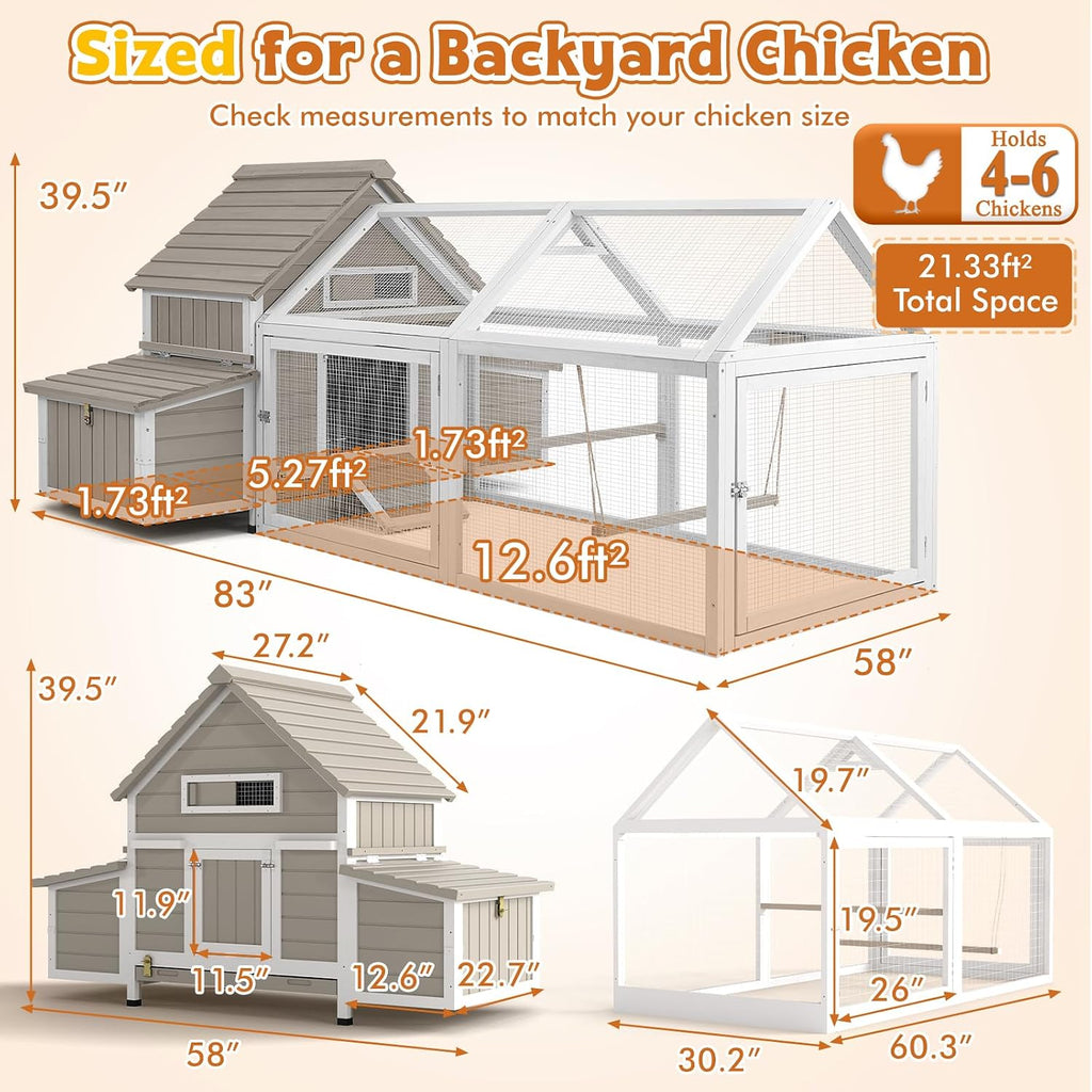 Ketive 83'L Large Chicken Coop with Run for 4–6 Chickens Wooden Backyard Hen House with Curved Roof, Peaked Run Top, 4 Reinforced Nesting Boxes, Swing Perch, Dual Ramp Doors,Slide-Out Tray,Expandable