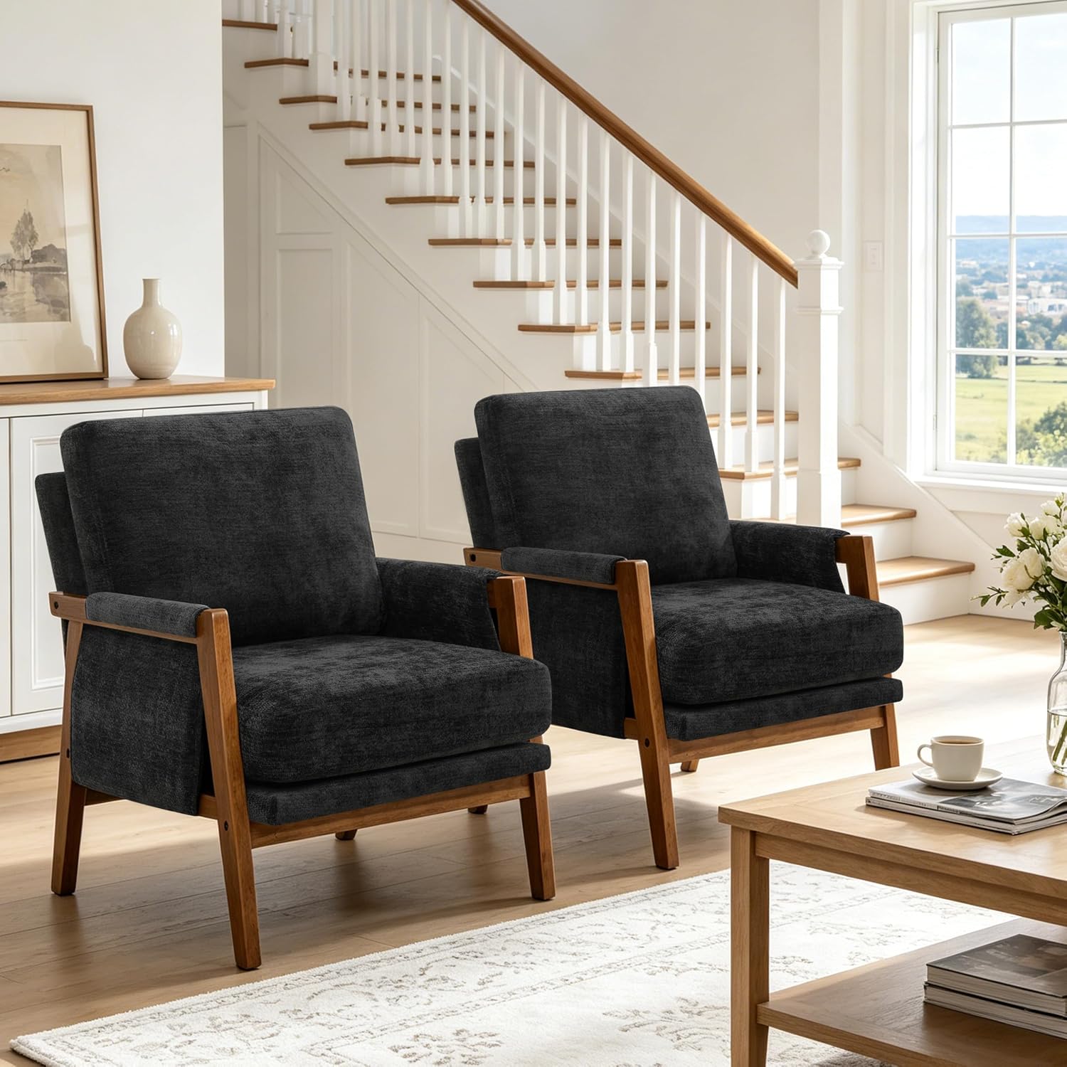 RNKSFX Accent Chairs for Living Room Set of 2, Modern Arm Chairs for Bedroom, Wooden Upholstered Mid Century Accent Chairs, Black