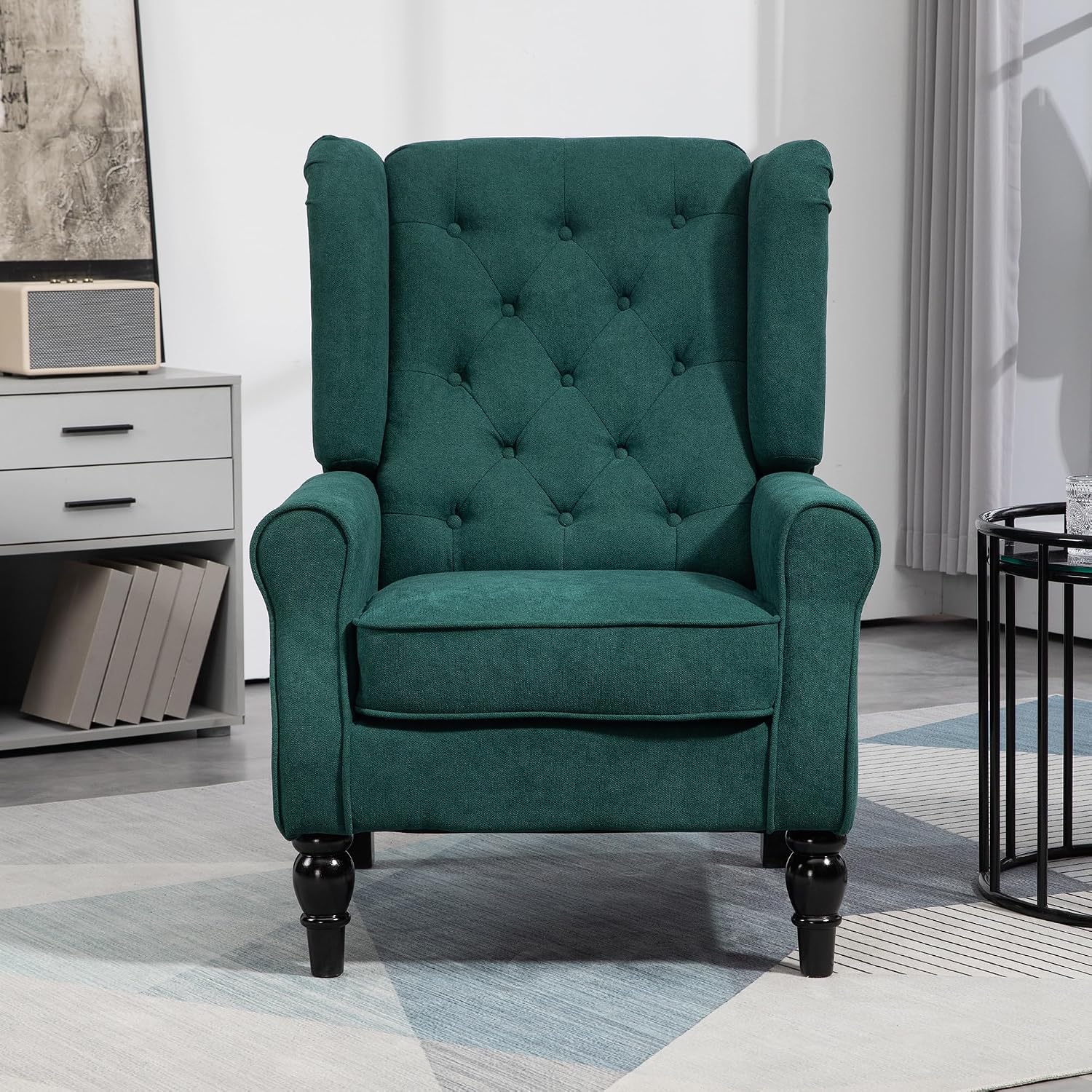 HOMCOM Mid-Century Modern Accent Chair, High Wingback Reading Chair, Button-Tufted Upholstered Fabric Armchair with Retro Wood Legs for Apartment, Living Room, Bedroom, Dark Green