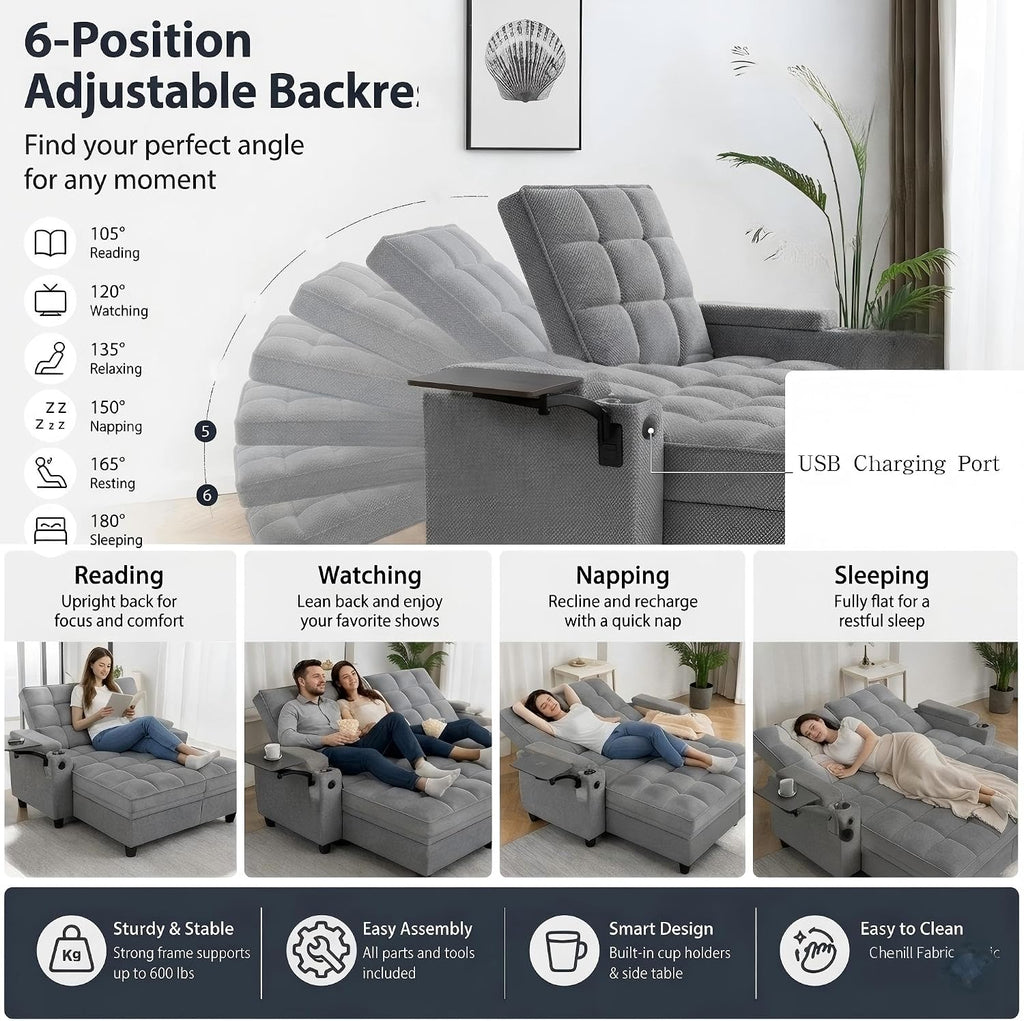 Eafurn Double Chaise Lounge Convertible Sleeper Chair Sofabed W/Storage and 6-Position Reclining Backrest, Modern Tufted Recliner Lounge Chaise Couch with Swivel Table & USB for Living Room