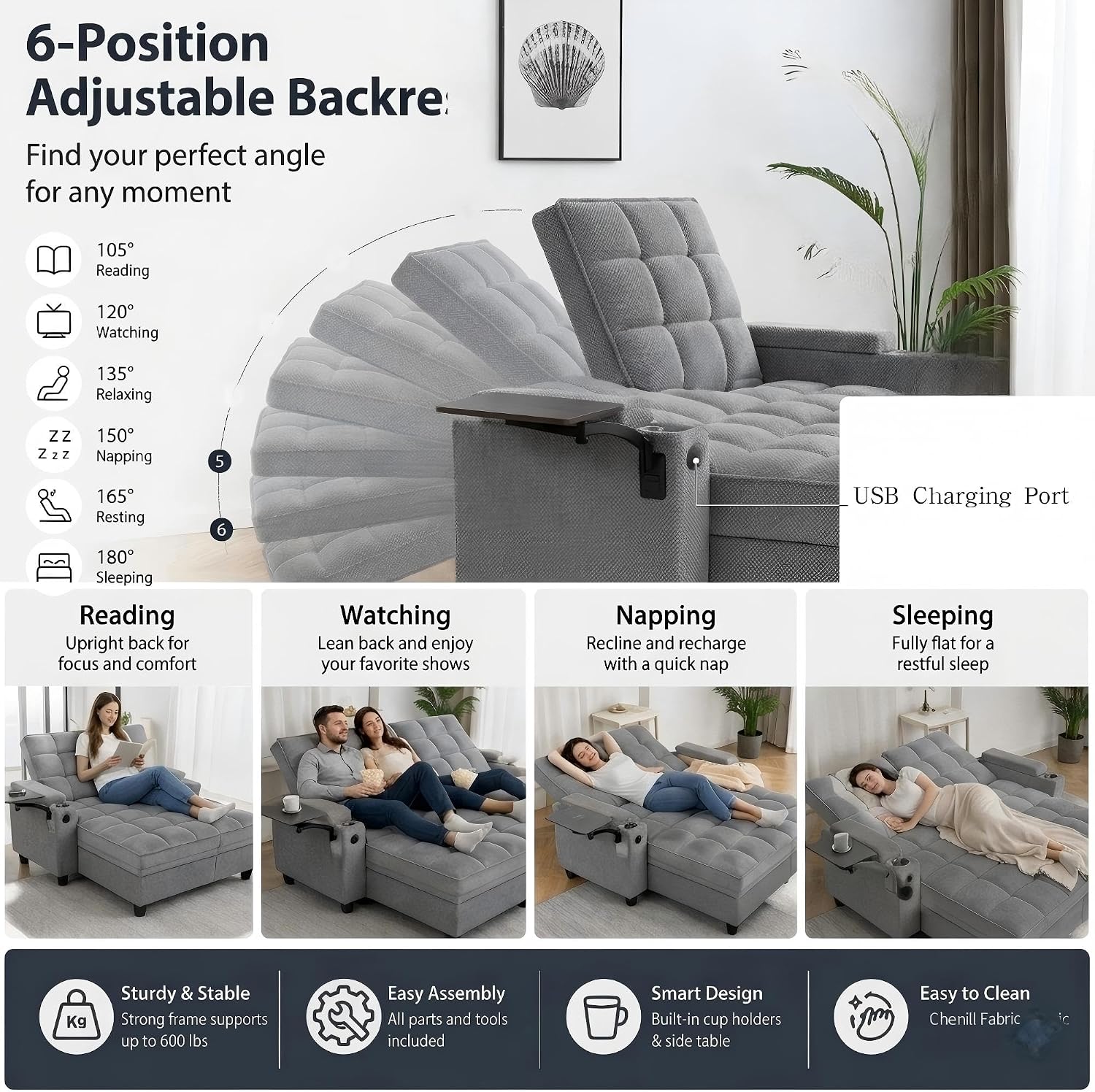 Eafurn Double Chaise Lounge Convertible Sleeper Chair Sofabed W/Storage and 6-Position Reclining Backrest, Modern Tufted Recliner Lounge Chaise Couch with Swivel Table & USB for Living Room