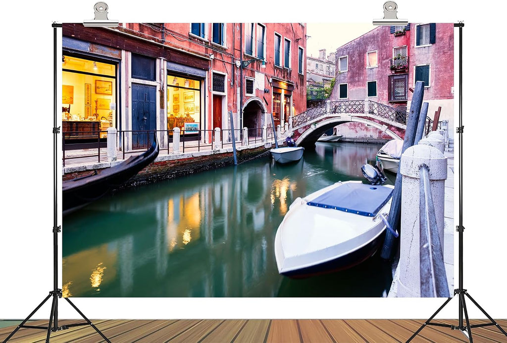 20x10ft Fabric Venice Narrow Canal Backdrop Colorful Buildings Gondola Background for Italian Travel Themed Party Decorations Balcony Wall Hanging Tapestry Photo Shoot Studio Props