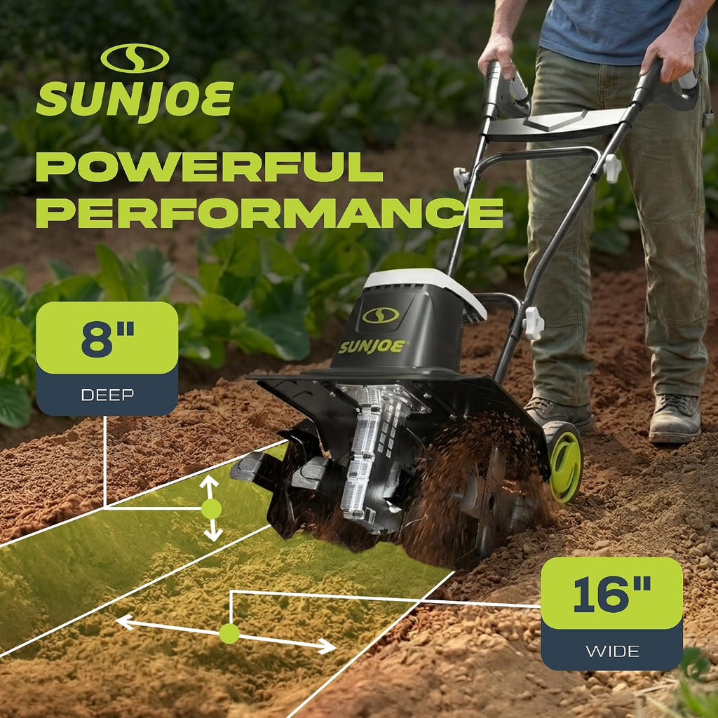 Sun Joe Corded Electric Garden Tiller & Cultivator with Steel Tines, 16', 13.5-Amp Motor - Heavy-Duty Tilling Machine for Lawn, Yard, and Gardening Care, TJ604E
