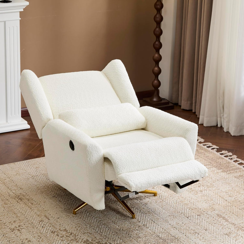 Christopher Knight Home Dolia Boucle Fabric Upholstered 360° Swivel Chair, Push-Back Power Recliner Chair, Iron Recliner Sofa with Rotation, Living Room Lounge Sofa, Adjustable Backrest, Beige+Gold