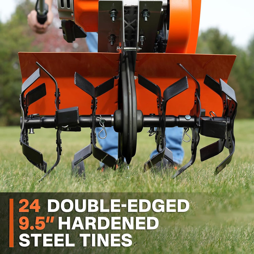 NOVUS 2-in-1 Gas Tiller for Gardening, 4-Cycle Front Tine Tiller Cultivator,9'-17' Tool-Free Tilling Width Adjustment, 24 Steel Tines, Never-Flat Wheels, 79CC Garden Tiller for Lawn, Soil Cultivation