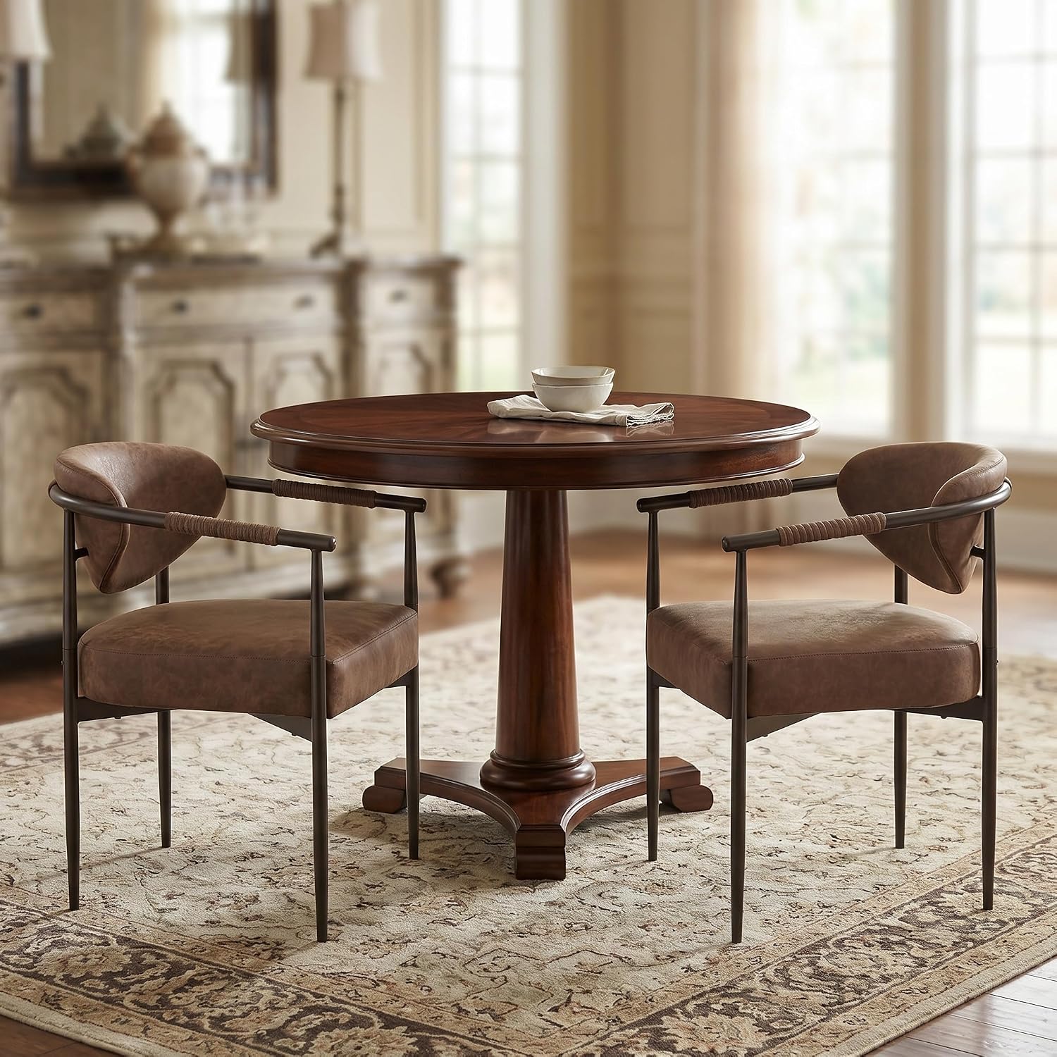Christopher Knight Home Hyeok Modern Upholstered Dining Chairs Set of 2, Armchair Set with Metal Frame, Comfy Accent Chair with PU Leather Backrest/Seat Cushions for Kitchen/Dining Room, Brown