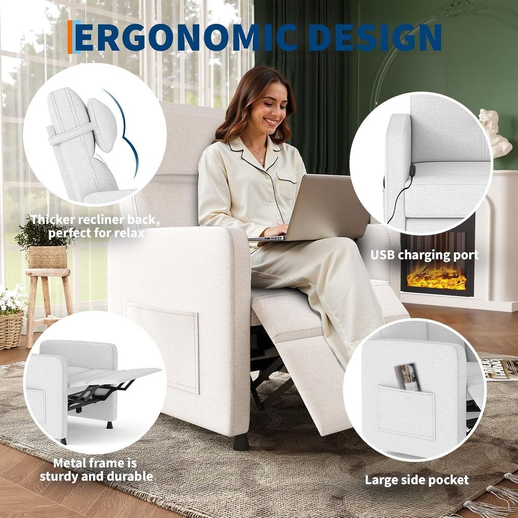 Towallmark Power Recliner Chair with Electric Adjustable Back, USB Port & Side Pockets, Single Overstuffed Recliner Chair for Living Room, Bedroom, or Home Theater, Beige White