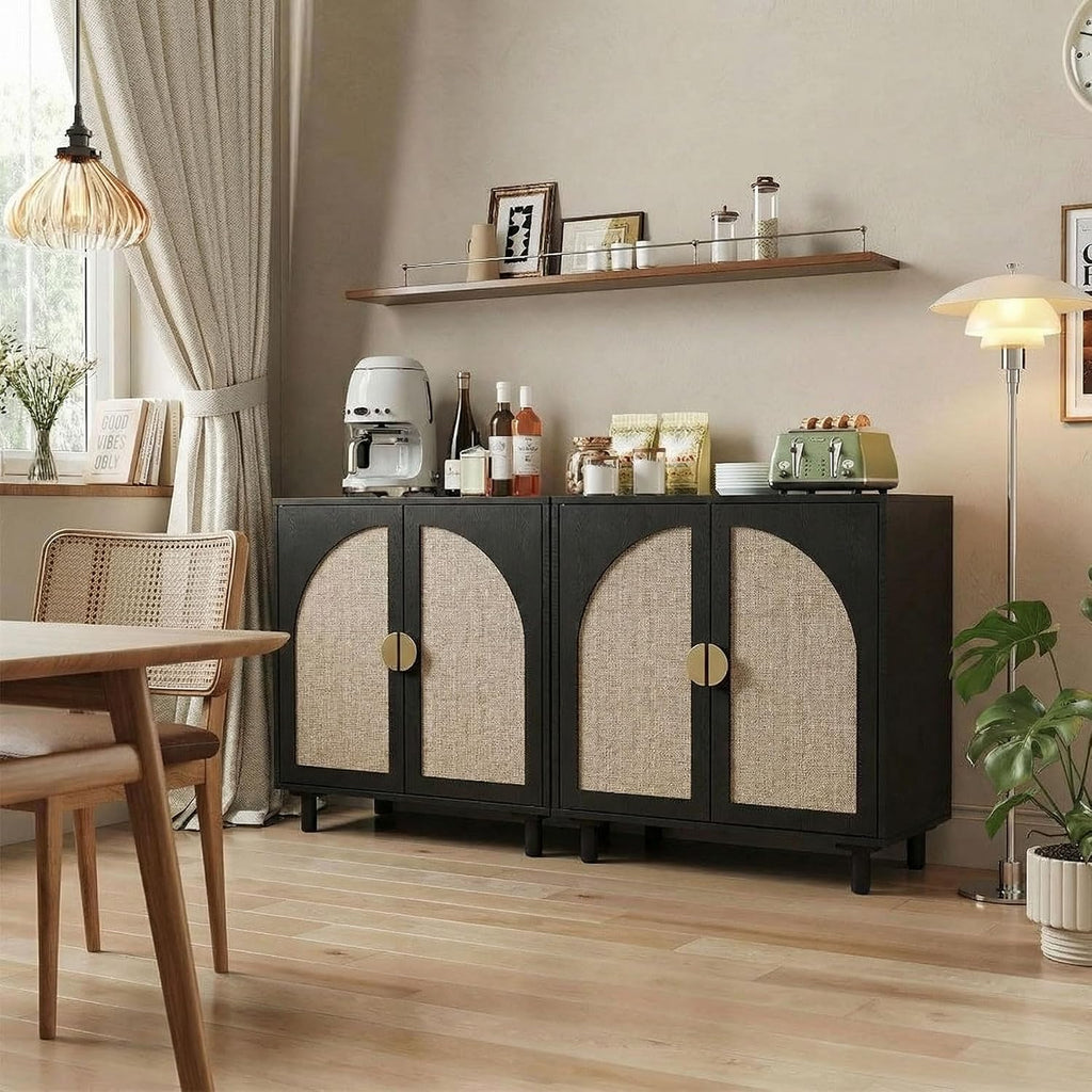 Modern Rattan Storage Cabinet, Black Wood Sideboard with Magnetic Latch, Adjustable Shelf, 29.84' W x 15.75' D x 31.57' H (2 Piece)