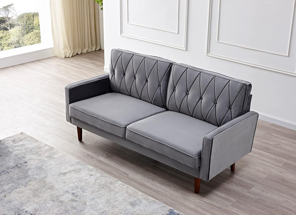 Container Furniture Modern Style Tufted Velvet Couches for Living Room with Soft Fabric Upholstery and Solid Wood Frame, 2 Piece Sofa and Loveseat Set, Grey