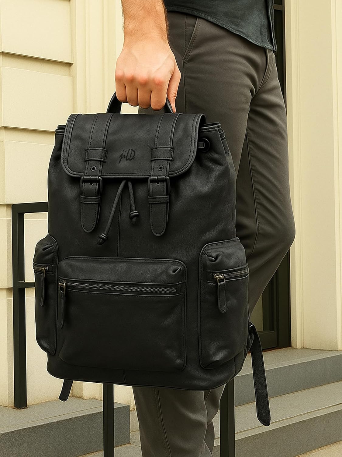 Jild Genuine Leather Backpack for Women or Men Carry-On Travel Backpack Shoulder Hiking Camping Vintage Leather Laptop Bag (Black)