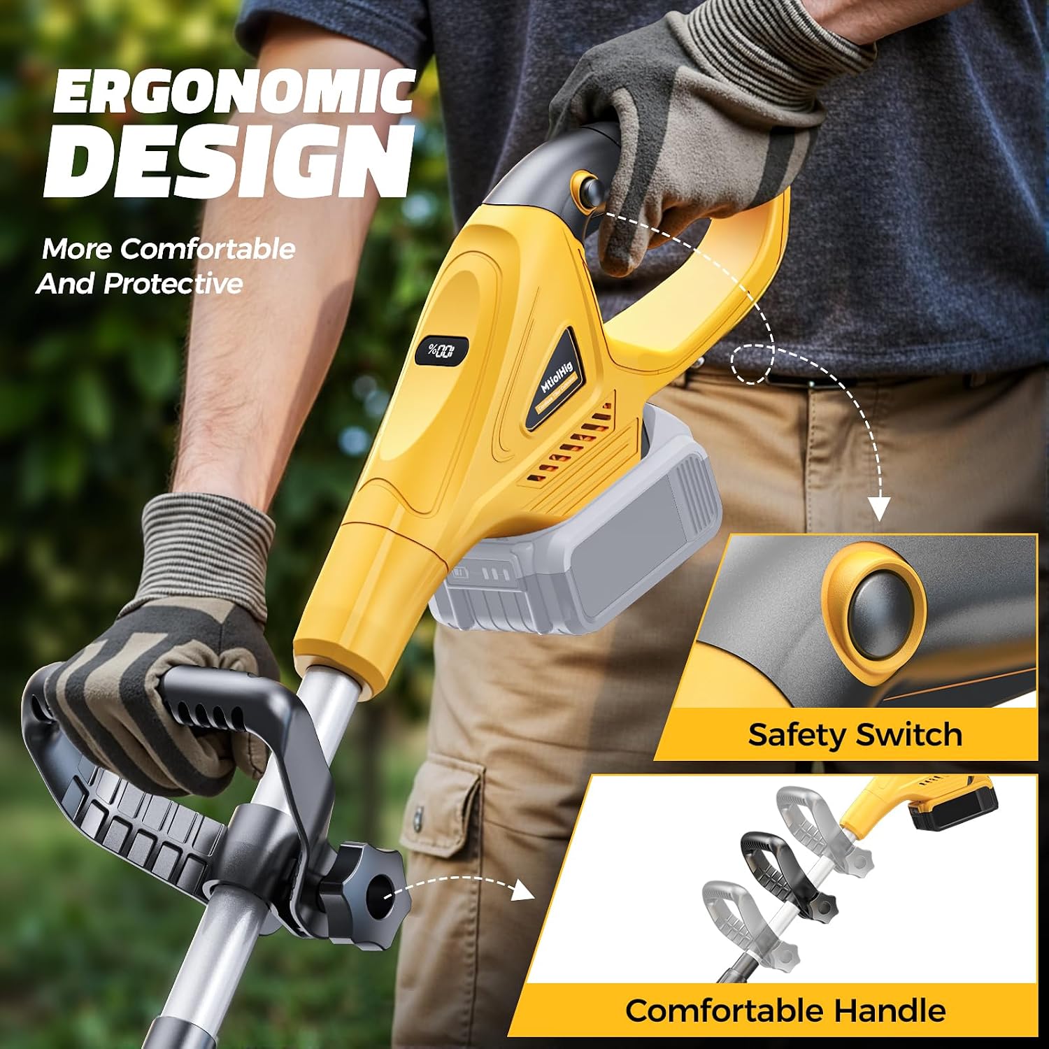 Cordless Tiller Cultivator Compatible with Dewalt 20V Battery (Tool Only), MtiolHig 360RPM Electric Garden Tiller for Gardening, Brushless Rototiller 9' Width 6.3' Depth for Soil Cultivation, Yellow