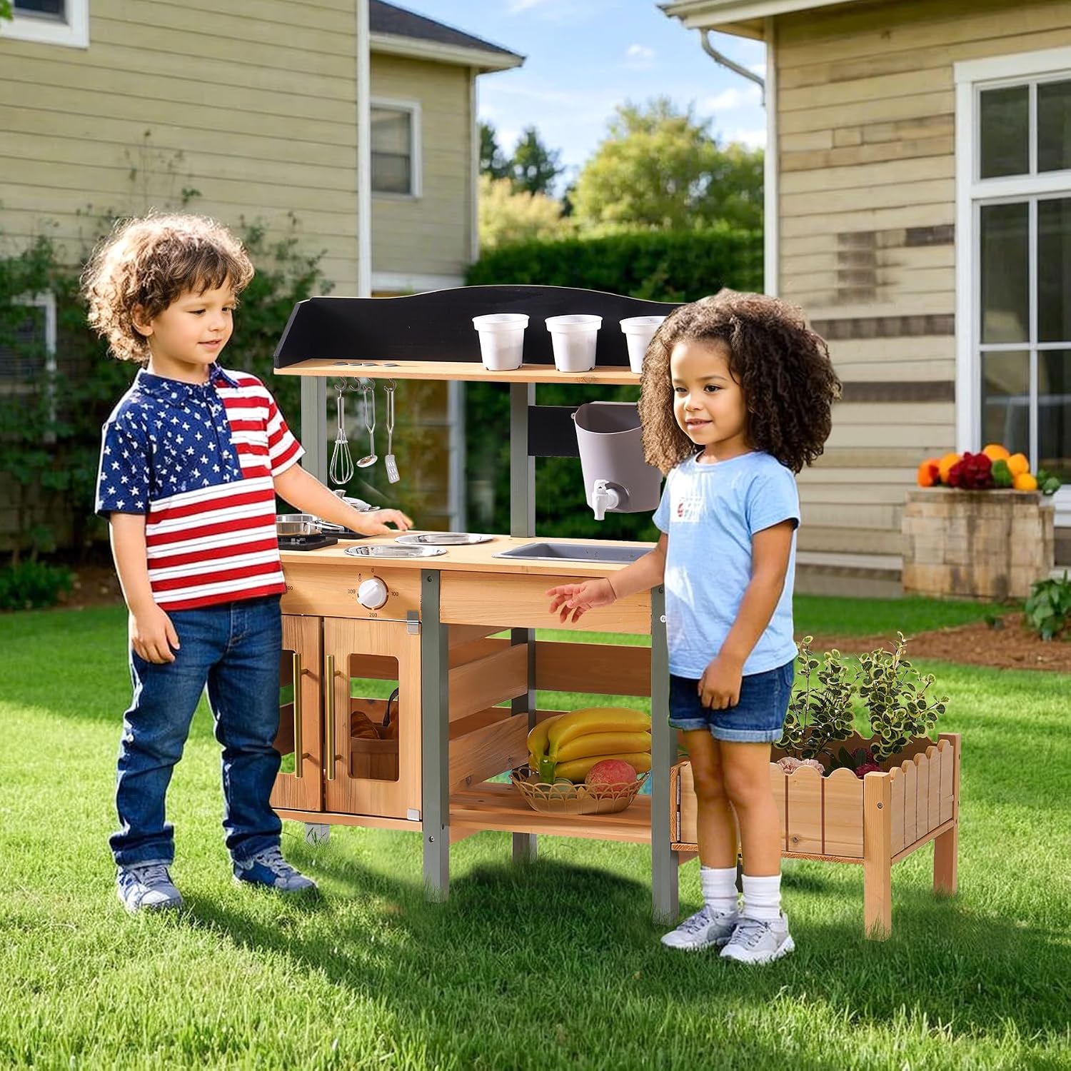 ROBOTIME Mud Kitchen for Kids Outdoor, Wood Outdoor Kitchen with Insect Observation Box & Planter Box, Toddler Play Kitchen with Removable Sink & Faucet, Pretend Outdoor Playset