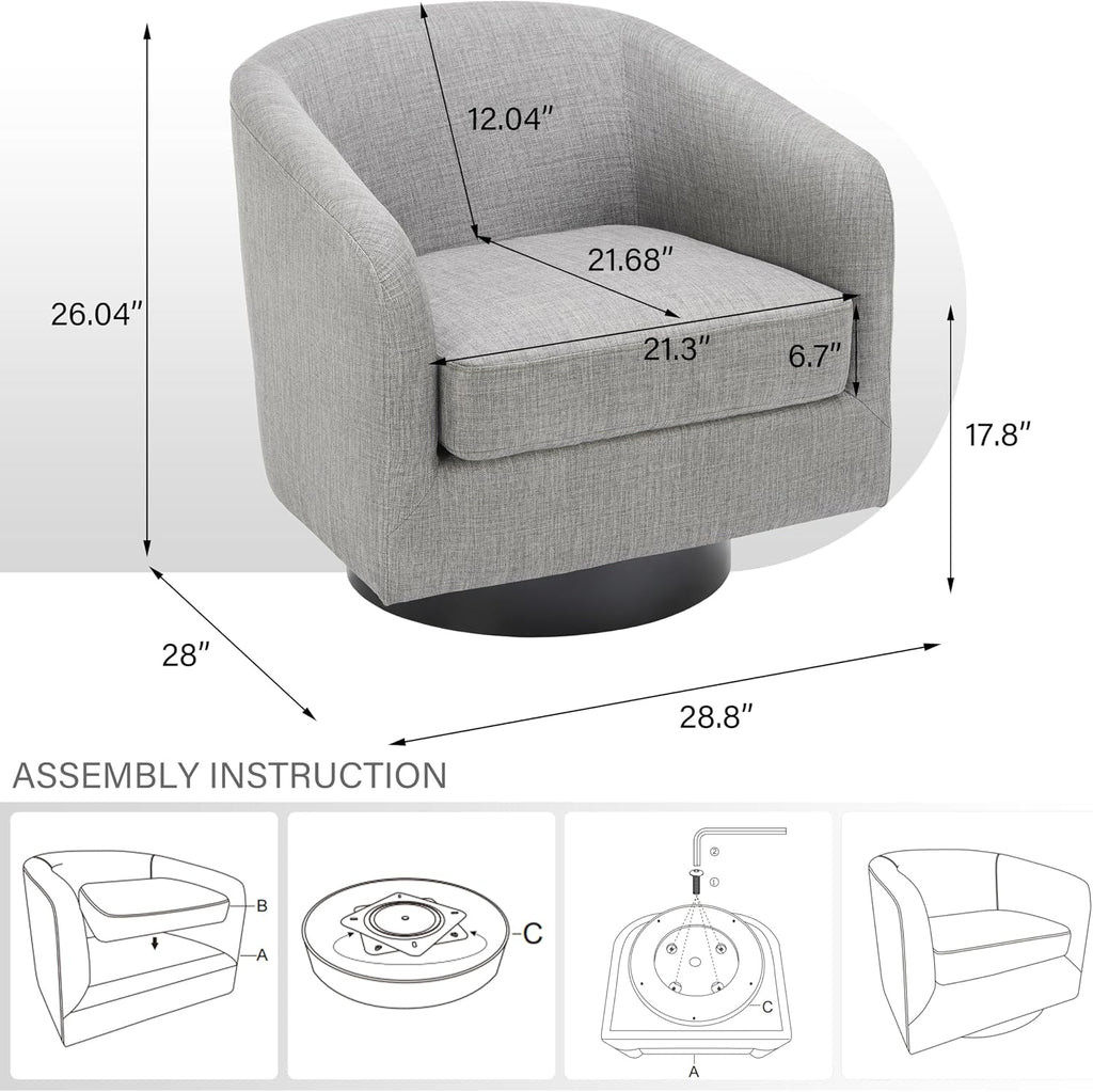 Pia Ricco Swivel Barrel Chairs Set of 2, 360° Swivel Round Accent Chair, Comfy Upholstered Fabric Single Sofa Club Armchair for Living Room/Reading Room/Bedroom, Light Grey