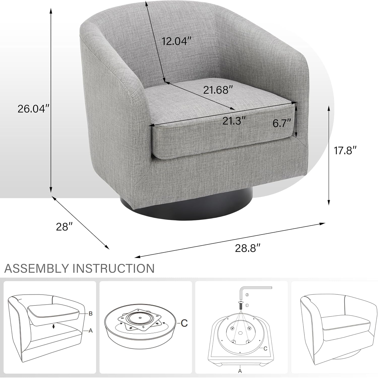 Pia Ricco Swivel Barrel Chairs Set of 2, 360° Swivel Round Accent Chair, Comfy Upholstered Fabric Single Sofa Club Armchair for Living Room/Reading Room/Bedroom, Light Grey