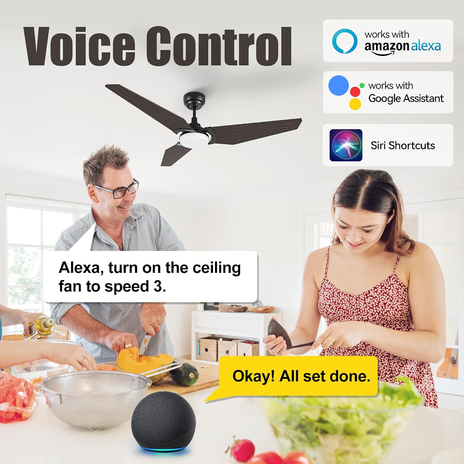 SMAAIR Ceiling Fan with Light, 56 Inch 3 Blade Low Profile Ceiling Fan with Light and 10 Speed DC Motor, Works with APP/Alexa/Google Assistant/Siri Shortcuts (Walnut)