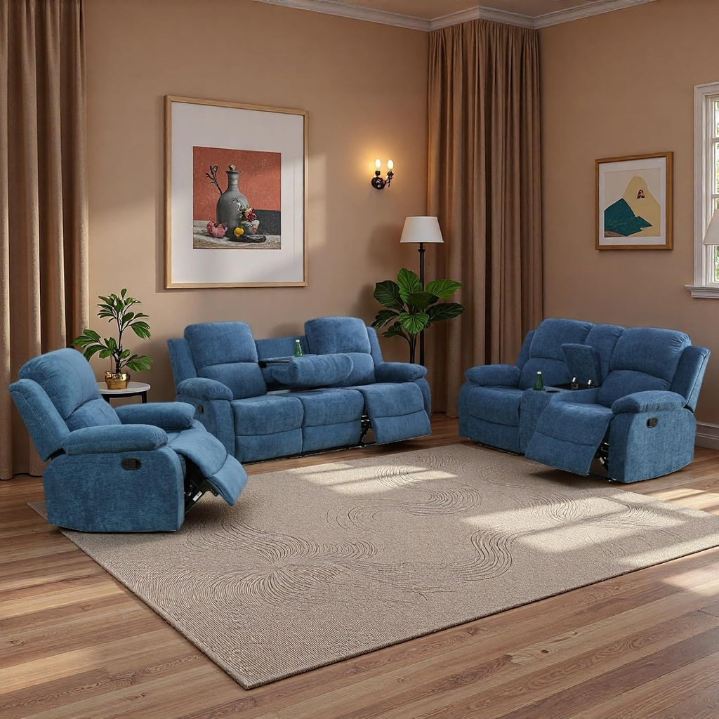 Recliner Sofa Set, Fluffy Fabric Living Room Couch with Adjustable Backrest, Loveseat with Storage Console & Cup Holders, Modern Sectional Sofa with Reversible Coffee Table for Home, Blue