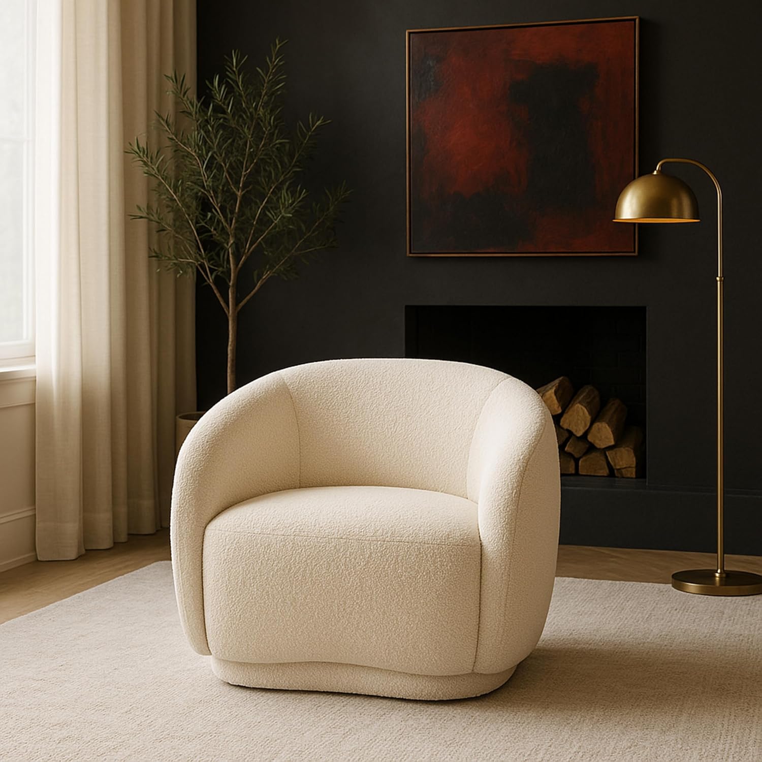 Meridian Furniture 693Cream-C Hyde Collection Modern | Contemporary Boucle Fabric Upholstered Accent Chair with Rounded Back, Cream, 42' W x 38' D x 27.5' H