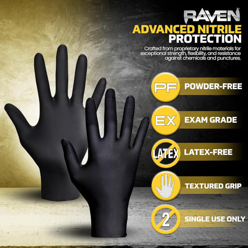 10 Pack SAS Safety 66517 Raven 6 mil Black Nitrile Disposable Gloves 7 Mil - Medium (10 boxes of 100 each)