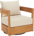 SAFAVIEH Outdoor - Kento Swivel Lounge Chair - Natural & Taupe - Solid Wood with Cushion - Modern Round Design - Ideal for Patio, Deck, Porch, Backyard, 27.5' W x 33' D x 29.1' H (PAT7099A)