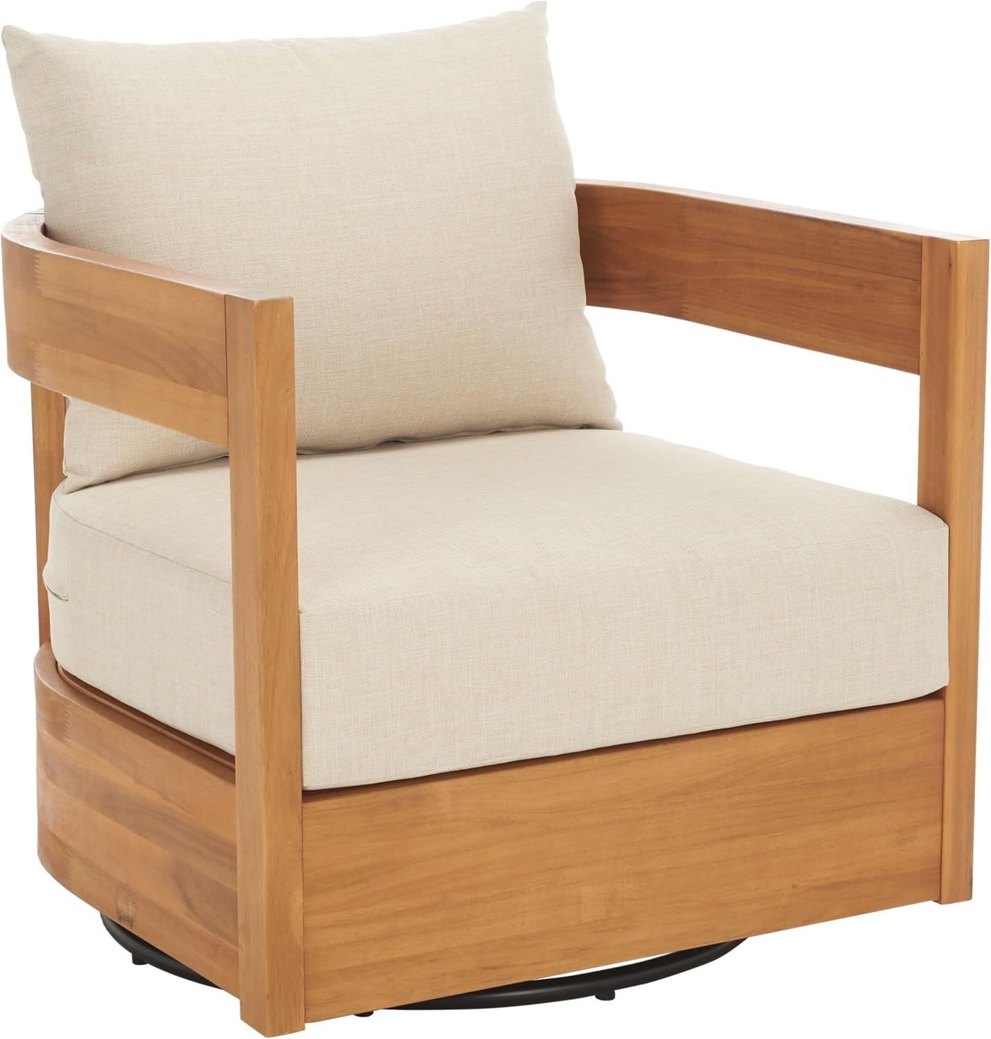 SAFAVIEH Outdoor - Kento Swivel Lounge Chair - Natural & Taupe - Solid Wood with Cushion - Modern Round Design - Ideal for Patio, Deck, Porch, Backyard, 27.5' W x 33' D x 29.1' H (PAT7099A)