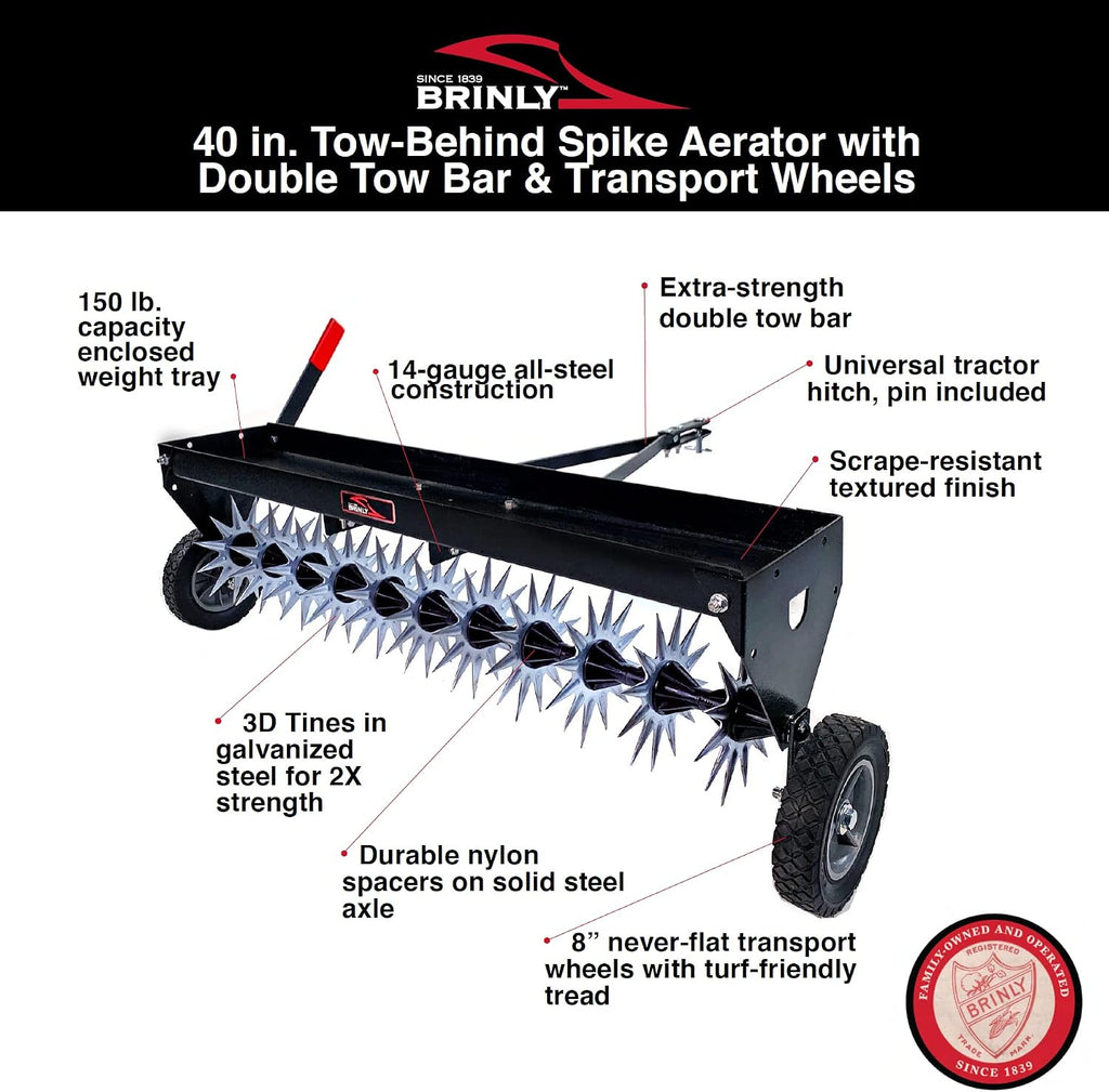 Brinly SAT2-40BH-P Tow Behind Spike Aerator with Transport Wheels, 40' - Hammered Black