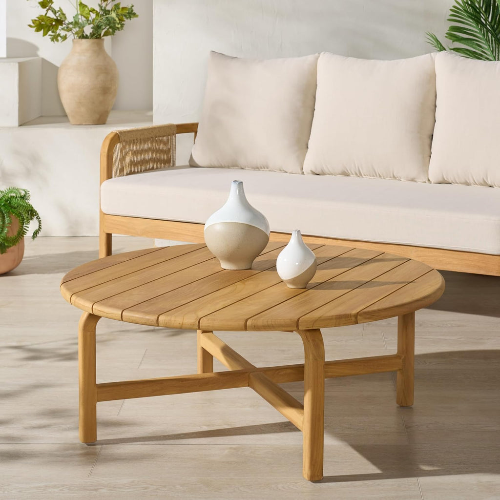 SAFAVIEH Couture Outdoor Patio Furniture Collection – Rogers Natural Teak Solid Wood Round Slatted Coffee Table, Modern Outdoor Living (CPT2015)