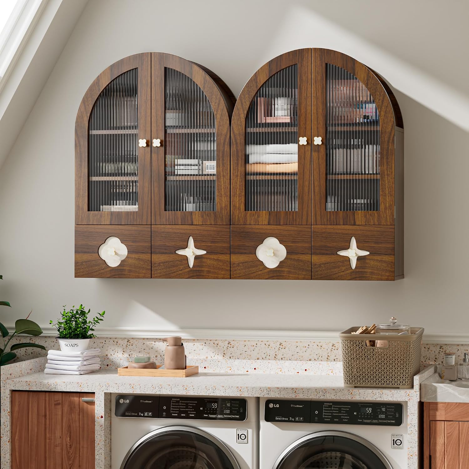 BREEZEHEAT Arched Bathroom Wall Cabinet, Medicine Cabinet Over Toilet Storage w/Fluted Glass Doors & Adjustable Shelf, Wood Hanging Cupboard for Laundry Room, Entryway, Kitchen, Walnut,23.6x33.5 Inch