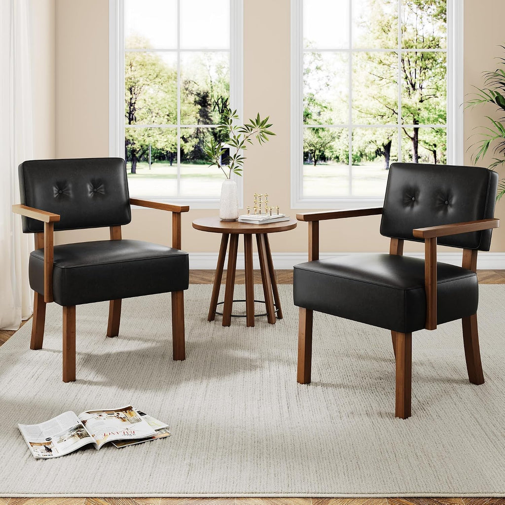 Garvee Accent Chair, Mid-Century Modern Faux Leather Armchair with Wood Frame, Button Tufted Upholstered Reading Chair for Living Room, Bedroom or Balcony, Black