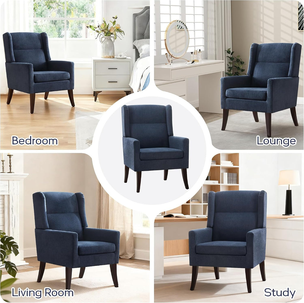 Zihanhome High Back Accent Chair, Fabric Living Room Chairs, Modern Comfy Chair with Wooden Legs,Upholstered Armchair for Living Room,Bedroom,Apartment,Reading Spaces.(1,Blue)