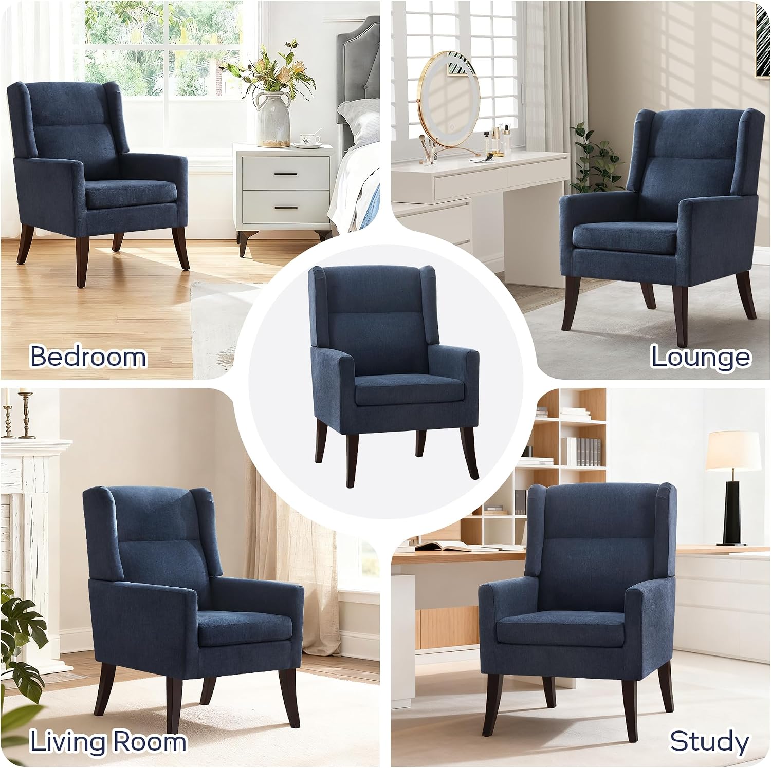 Zihanhome High Back Accent Chair, Fabric Living Room Chairs, Modern Comfy Chair with Wooden Legs,Upholstered Armchair for Living Room,Bedroom,Apartment,Reading Spaces.(1,Blue)