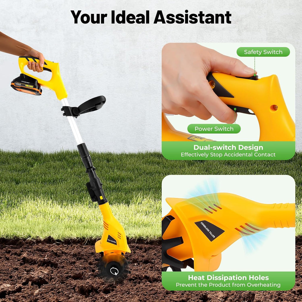Cordless Tilling Machine, Handheld Tiller Cultivator with 2 Blades, 38.19-46.06in Adjustable Telescoping Pole, for Plowing, Weeding, Gardening, Cultivation (2 Blades)
