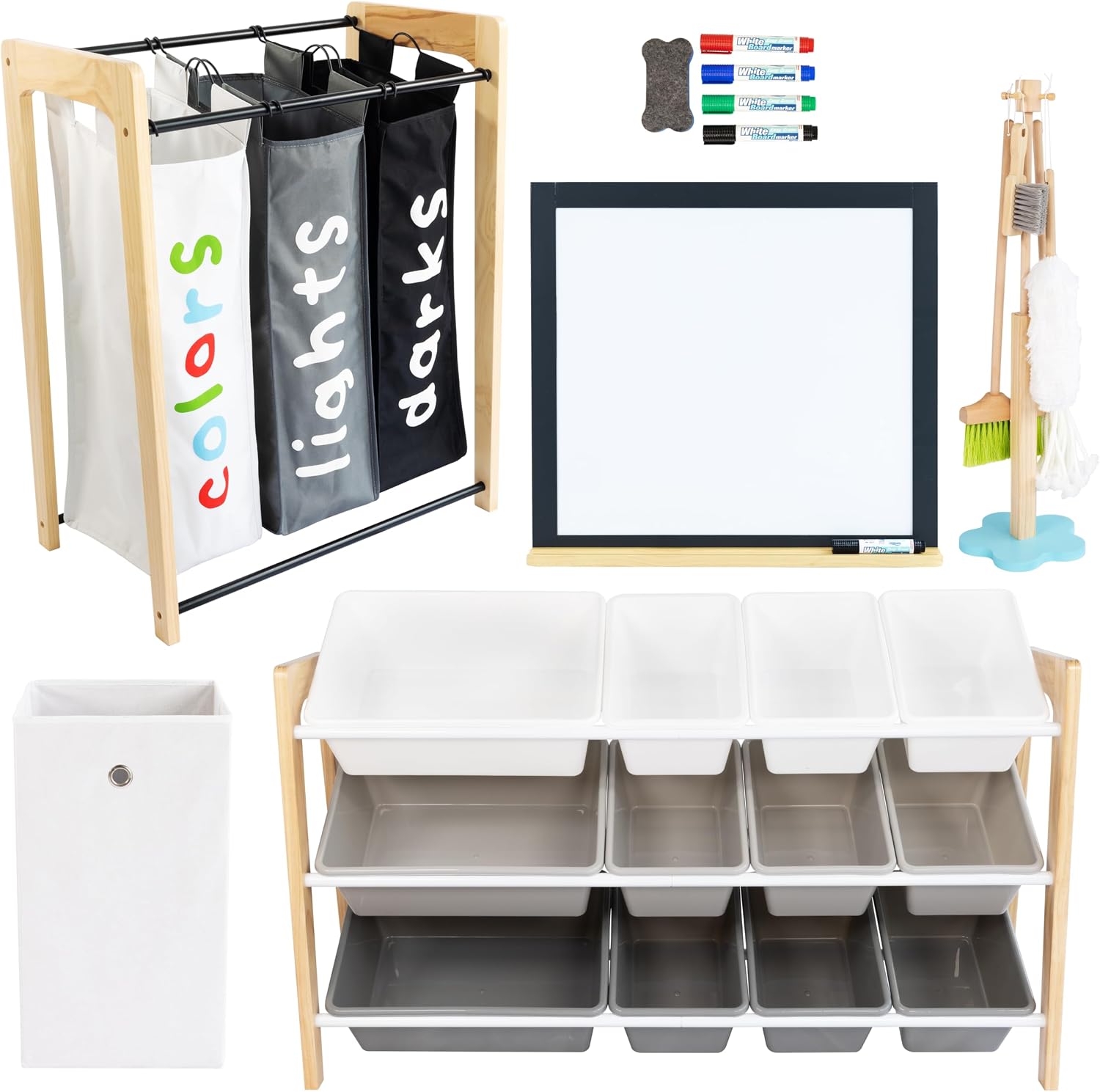 Humble Crew Kids Toy Storage Organizer with Bins, Laundry Hamper & Cleaning Set, Playroom Organization System with Whiteboard & Accessories