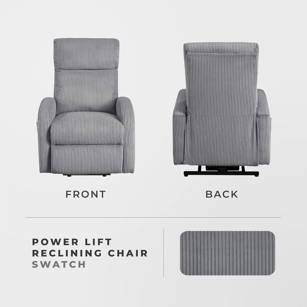Lexicon Power Lift Recliner Chair for Elderly with Remote Control, Gentle Lift Motion, Side Pocket Armrest, Corduroy Upholstered Electric Recliner for Living Room/Bedroom, Easy Assembly, Dark Gray