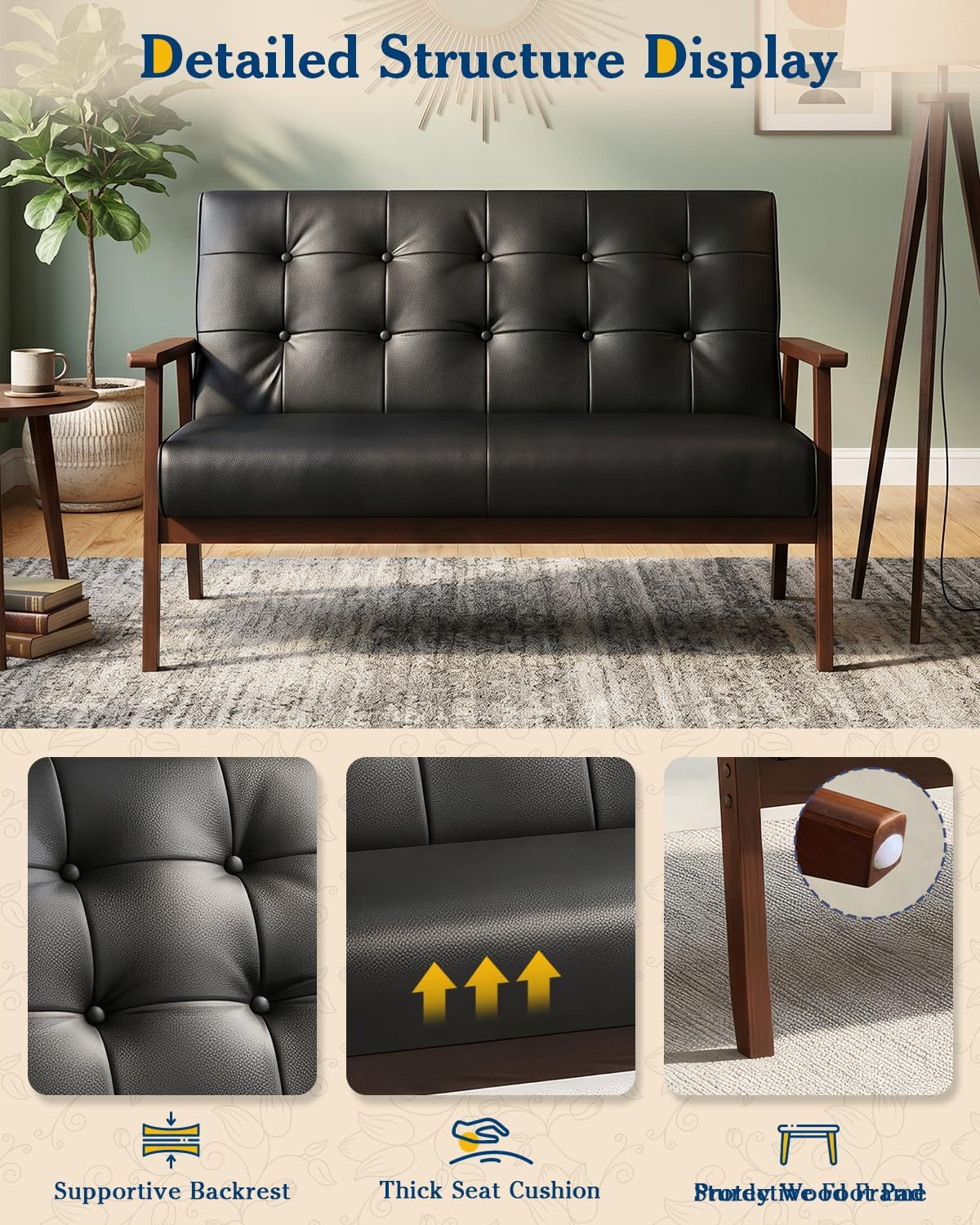 AODAILIHB 2 Piece Living Room Furniture Set, Black Faux Leather Loveseat and Accent Chair, Mid Century Modern Sofa and Chair Set with Solid Wood Arms for Office, Reception & Apartment