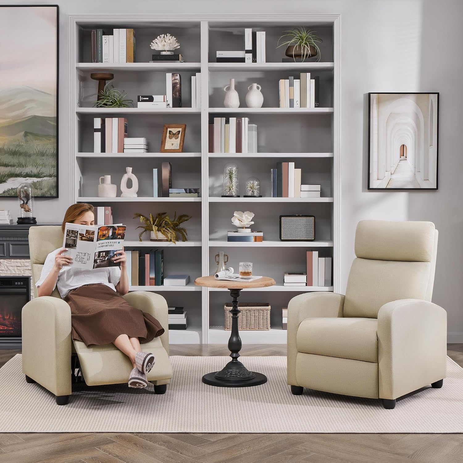 Topeakmart Fabric Recliner Sofa Push Back Recliner Chair Adjustable Modern Single Reclining Chair Upholstered Sofa with Pocket Spring Living Room Bedroom Home Theater Beige