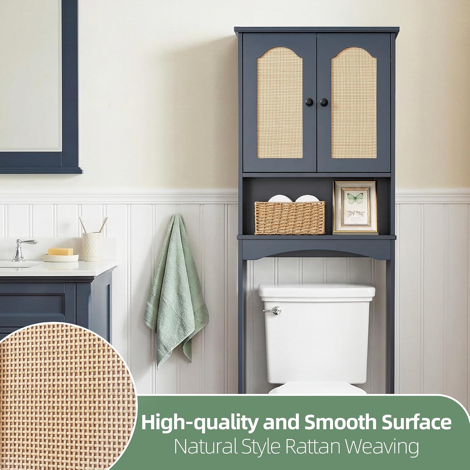 Over The Toilet Storage Cabinet with Rattan Doors, Boho Farmhouse Bathroom Organizer Over Toilet, 5-Level Adjustable Bottom Bar Fits Water Valve, 3 Adjustable Inner Shelves, Navy Blue, 24'x70'