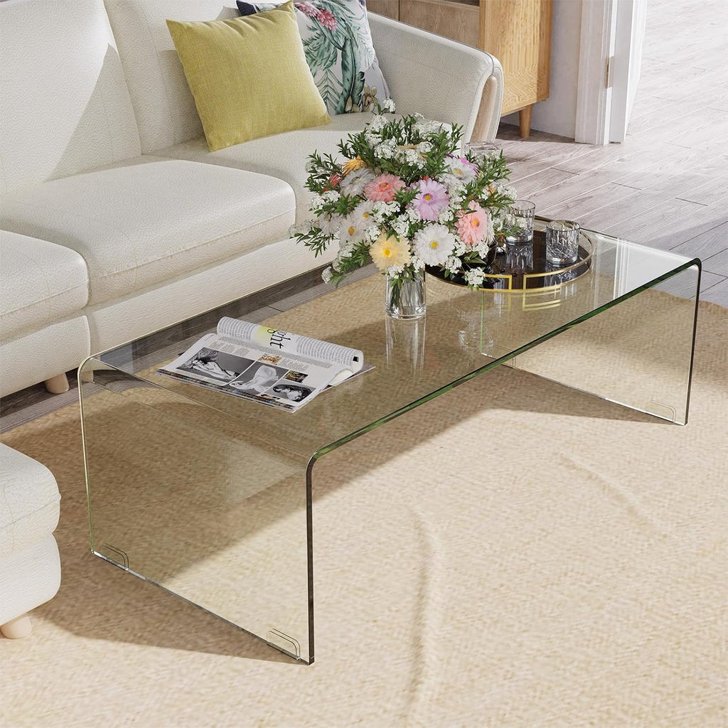 ReunionG Glass Coffee Table, Modern Clear Coffee Table with Rounded Edges, Transparent Tempered Glass Coffee Table, U-Shaped Side Table for Living Room Office, 42.5' x 20' x 14' (L x W x H)