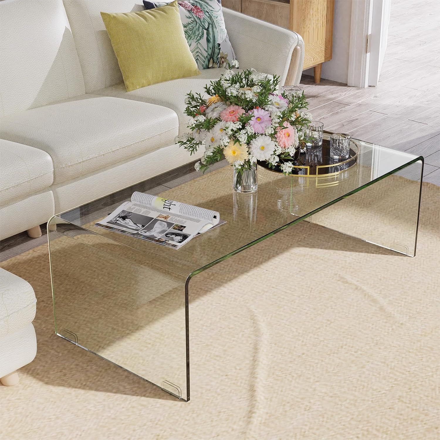 ReunionG Glass Coffee Table, Modern Clear Coffee Table with Rounded Edges, Transparent Tempered Glass Coffee Table, U-Shaped Side Table for Living Room Office, 42.5' x 20' x 14' (L x W x H)