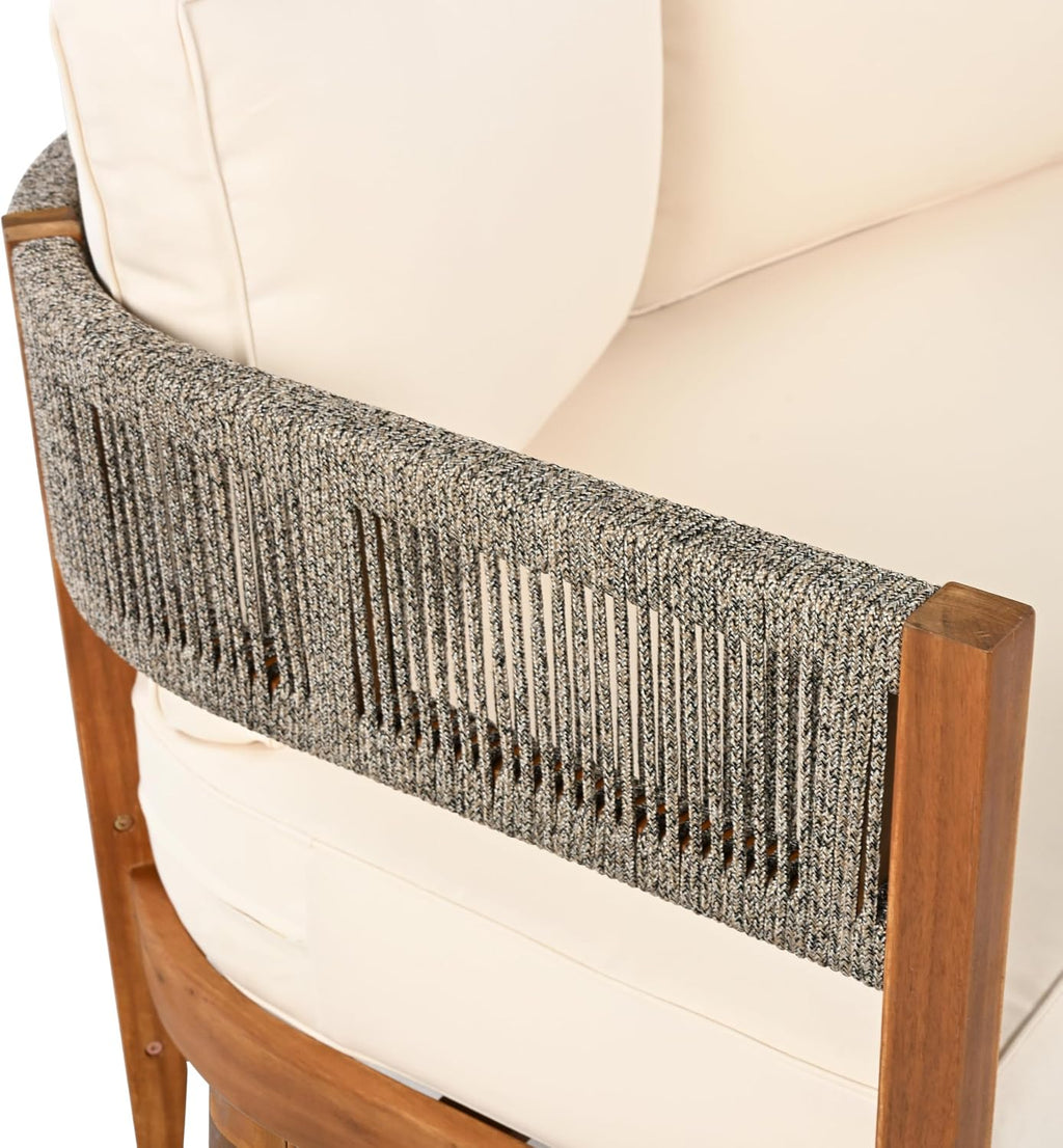Christopher Knight Home Rekker Patio Acacia Wood 3-Seater Sofa, Patio Furniture Set 3-Seater Outdoor Sofa, Tub Design Outdoor Couch with Woven Rope and Removable Cushion,Comfy Reading Chair,Teak+Beige