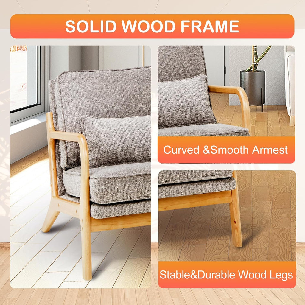 MALOL Mid-Century Accent Chair Set of 2 with Solid Wood Frame, Reading Relaxing Armchair Lumbar Pillow&Soft Cushion, Leisure Chair for Living Room, Bedroom, Waiting Room-Grey