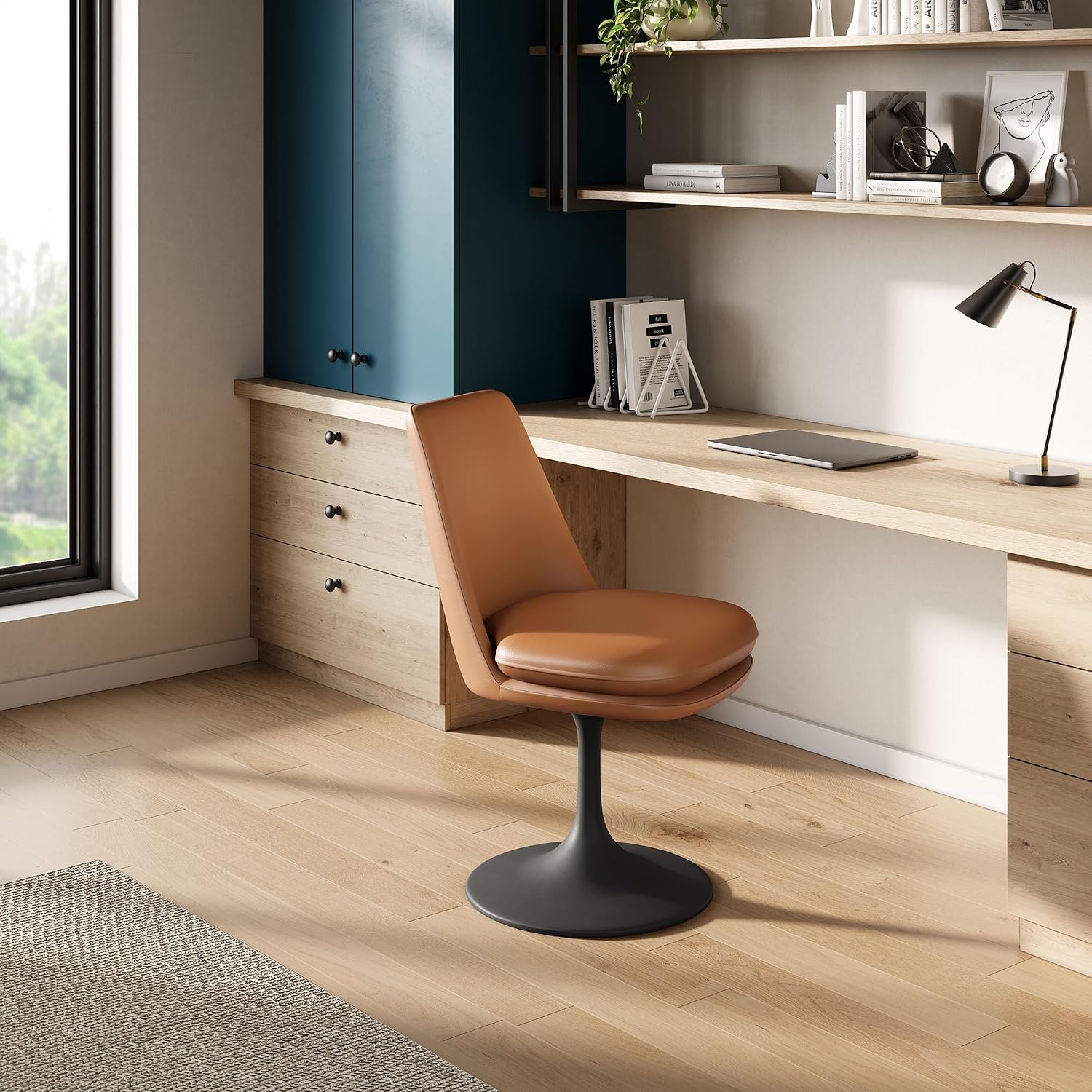 Modway Lippa Faux Leather Swivel Dining Side Chair in Black Tan - Armless Vegan Leather Accent Chair with Pedestal Base - 360° Rotating Office Chair with No Wheels