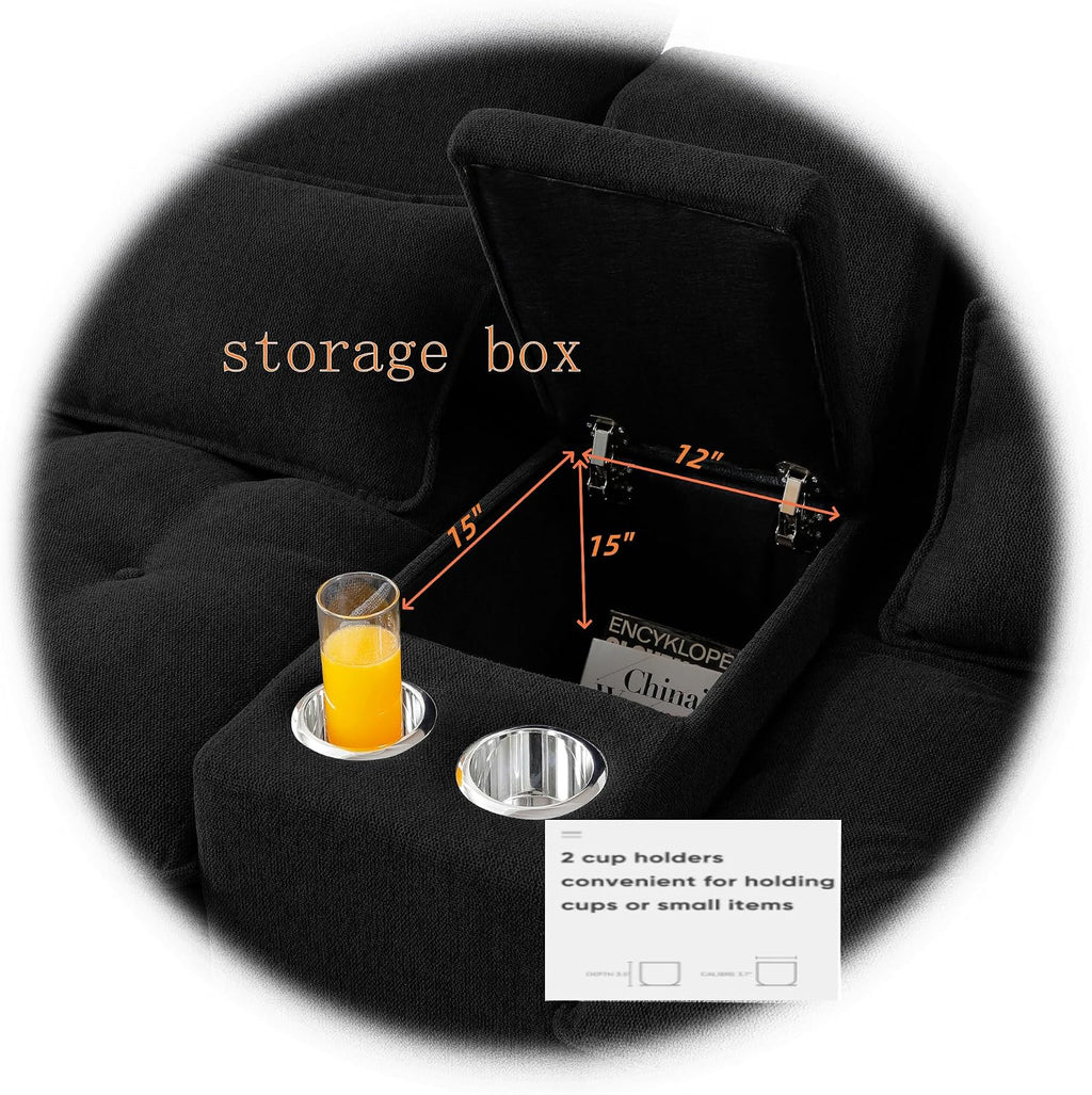 KEIKI 6 seat U-Shaped Sofa with Storage Console, Cup Holders, 130' Upholstered Sectional Sofa, Button Tufted Cloud Cushion Couch for Home, Office, Black
