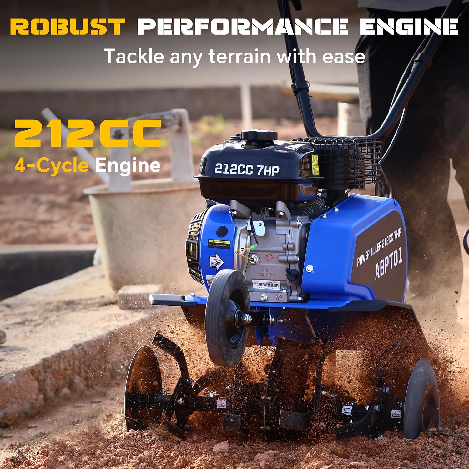 212CC 7HP Gas Tiller, 22' Adjustable Width, 4-Cycle Engine Cultivator with Instant Reverse, Heavy-Duty Steel Tines for Hard Soil, New Ground Breaking, Weed & Deep Cultivation (Blue)