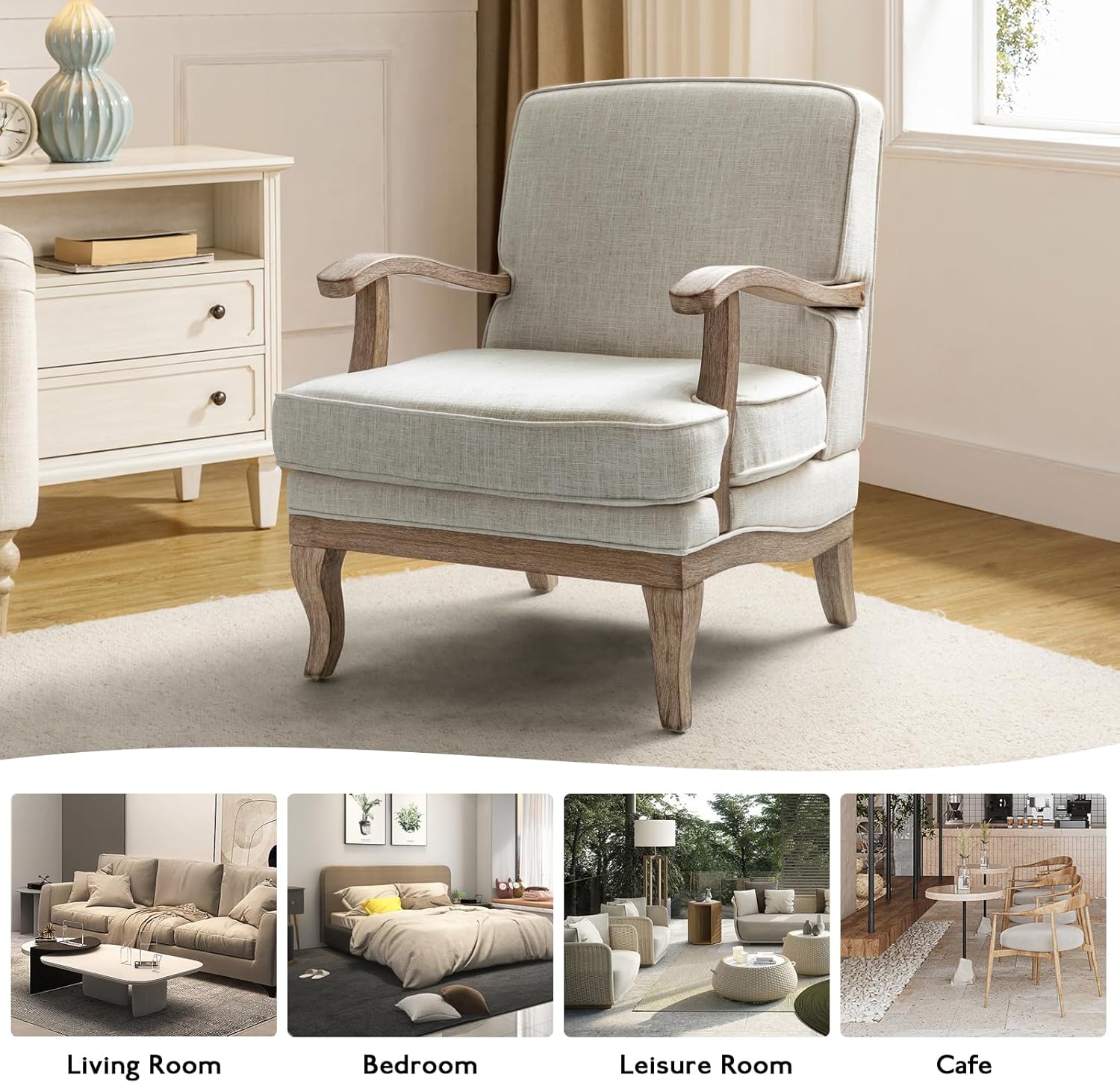 HULALA HOME Mid-Century Modern Accent Chair, Upholstered Living Room Lounge Chair, Lounge Armchair with Romantic Stripes & Solid Wood Legs, Living Room Bedroom Single Sofa Chair (Ivory)