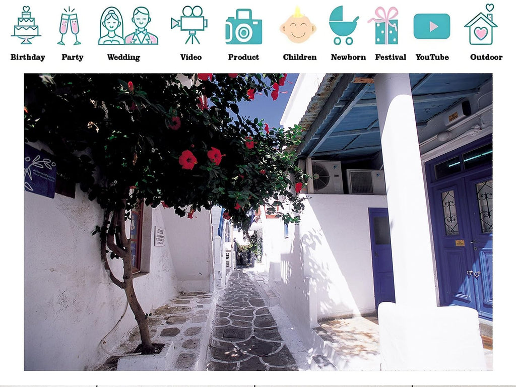 20x10ft Fabric Mykonos Greece Narrow Alley with Hibiscus Vine and Blue Doors Backdrop Artistic Floral Background for Summer Themed Party Decorations Home Wall Hanging Tapestry Photo Booth Props