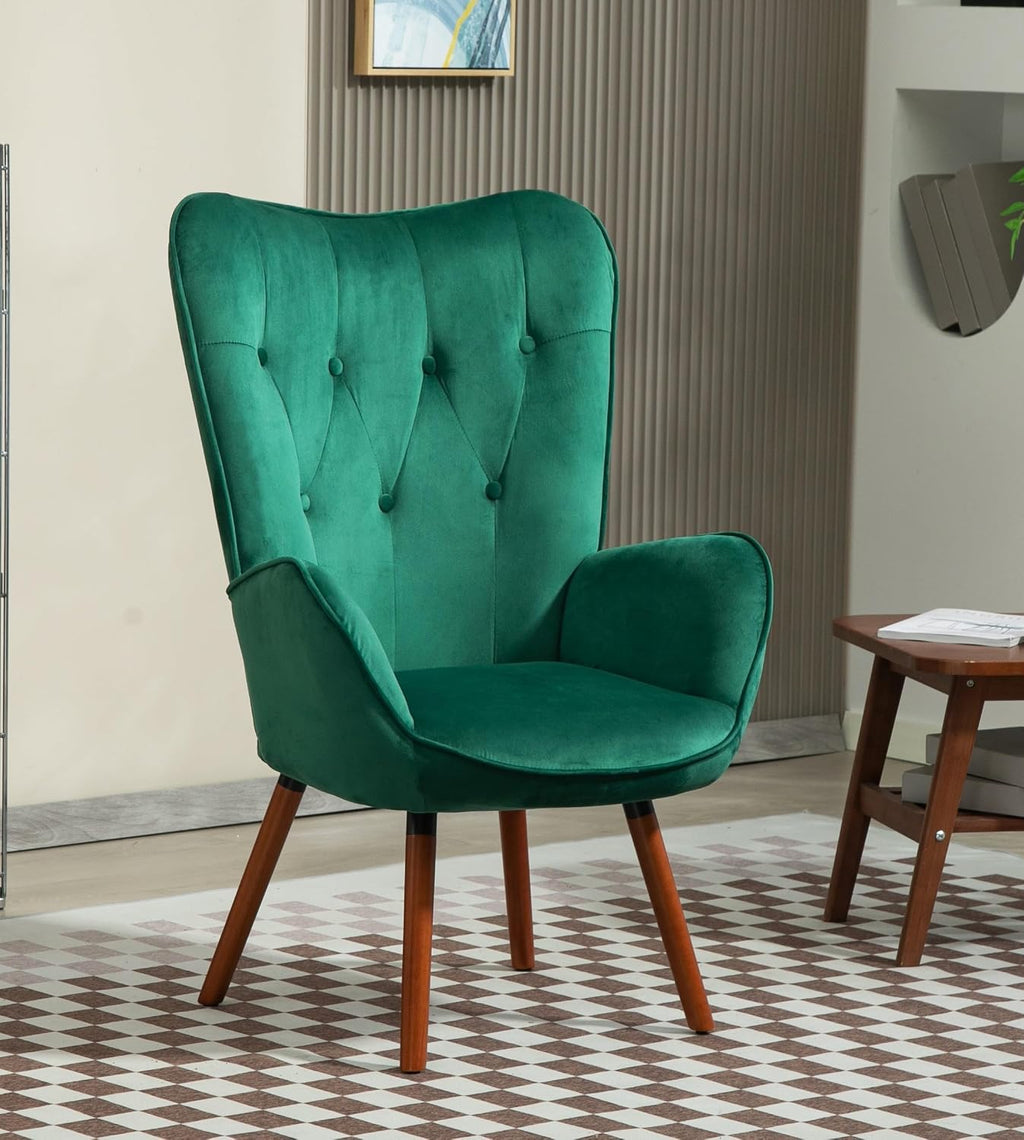 Container Furniture Direct Chic Accent Arm Chairs for Living Room, Bedroom, or Home Office, Button-Tufted Midcentury Armchair with Wingback Design and Splayed Legs, Green