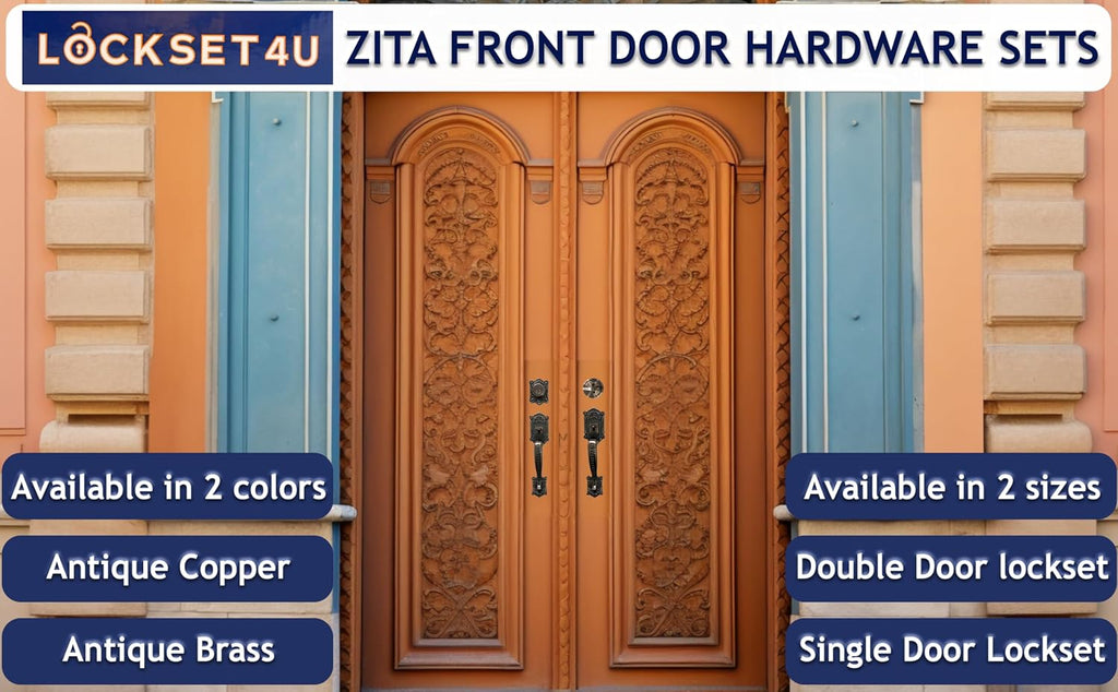 Zita_G Double Front Door Hardware Set, Grip Entry Door Lock Set with Grip Handle and deadbolt, Antique Brass